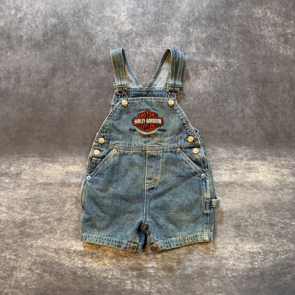VTG Harley Davidson Toddler Overalls 18M Denim Shortalls Bar Shield Logo Blue